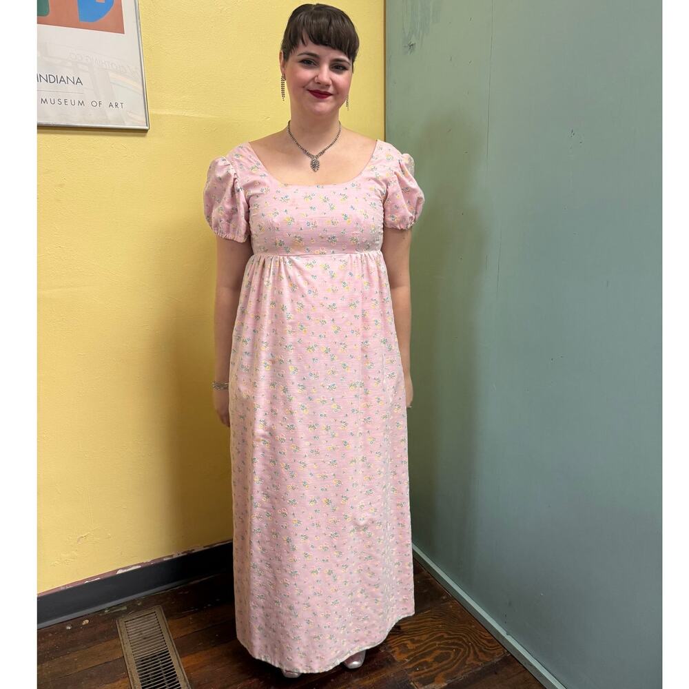 Vintage 60s Handmade Pink Floral Empire Waist Puff Sleeve Maxi Dress